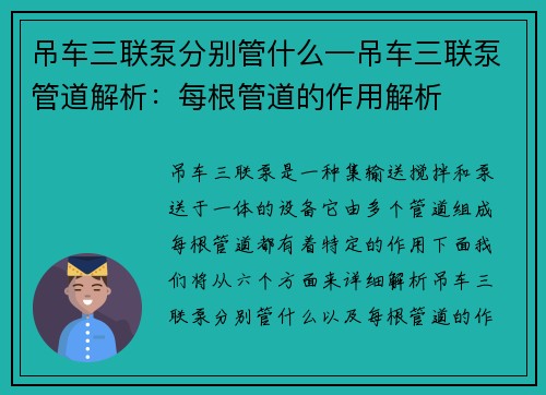 吊车三联泵分别管什么—吊车三联泵管道解析：每根管道的作用解析