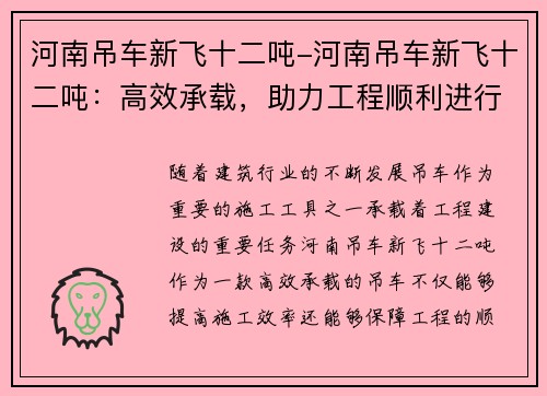 河南吊车新飞十二吨-河南吊车新飞十二吨：高效承载，助力工程顺利进行